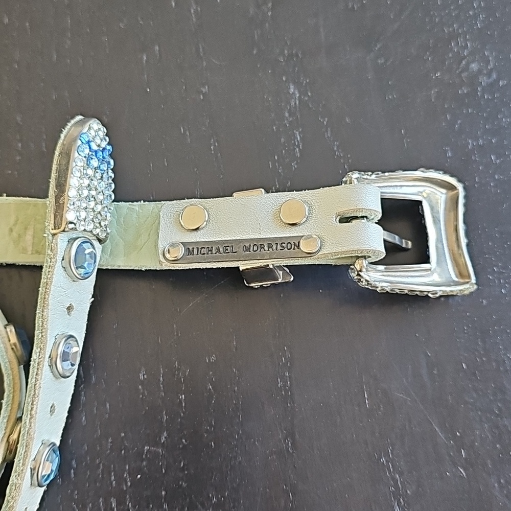 Michael Morris Elegant Crystal-Embellished Leather Belt Blue View 2